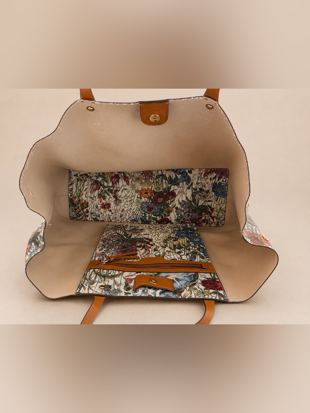 Tory Burch Multicolor Floral Canvas Tote with Tan Leather Handles - Picture 5 of 6